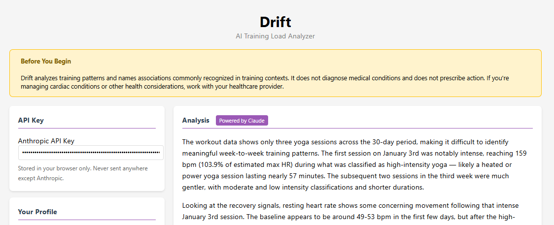 Drift AI Training Load Analyzer showing workout analysis with intensity classification and Claude AI-powered recovery drift detection